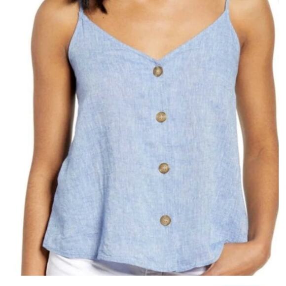 BP. Top Tank Spaghetti Straps Adjustable Sz Medium Linen Blend Chambray - Picture 1 of 6